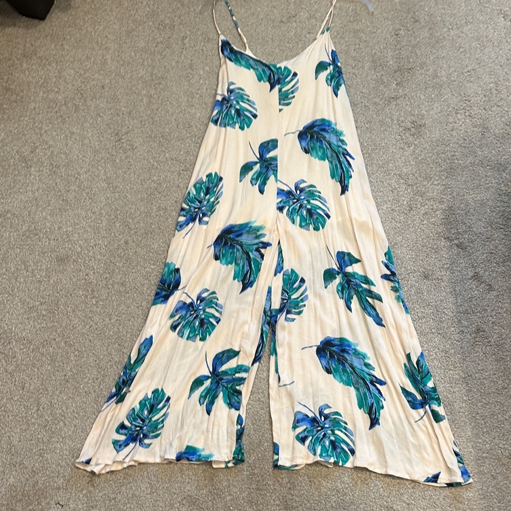 Lush Cream and Blue Leaf Print Jumpsuit